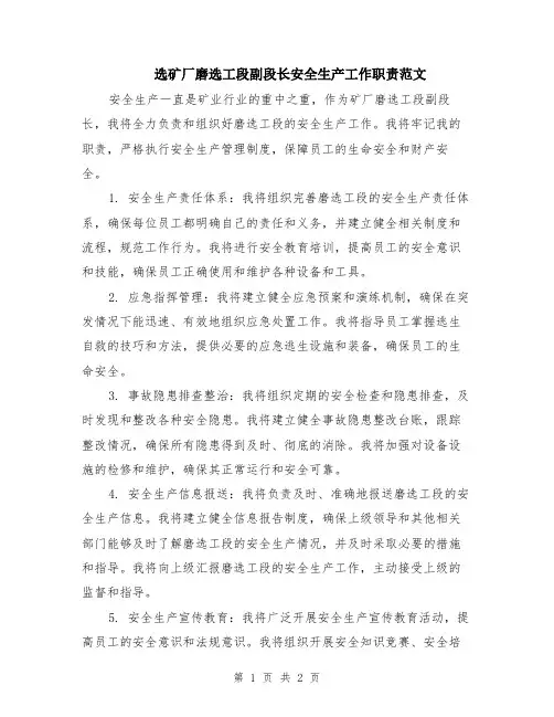 选矿厂磨选工段副段长安全生产工作职责范文