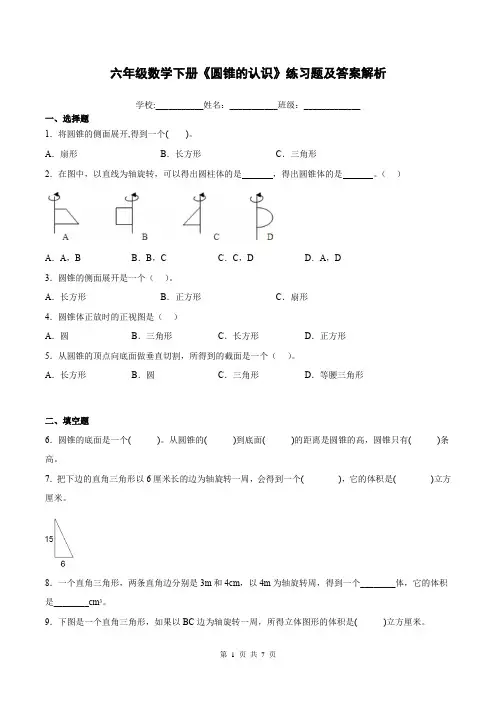 六年级数学下册《圆锥的认识》练习题及答案解析