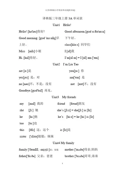 江苏译林版小学英语单词表(附音标)