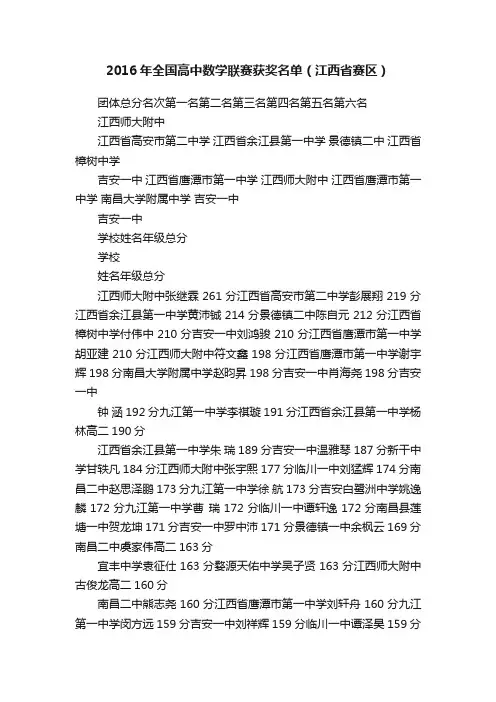 2016年全国高中数学联赛获奖名单（江西省赛区）