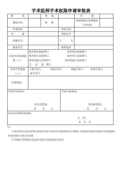 手术权限申请审批表及手术资质授权书