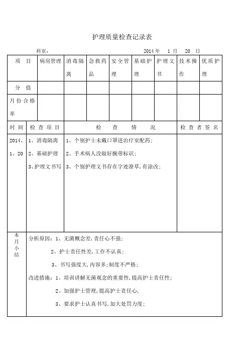 护理质量检查记录表