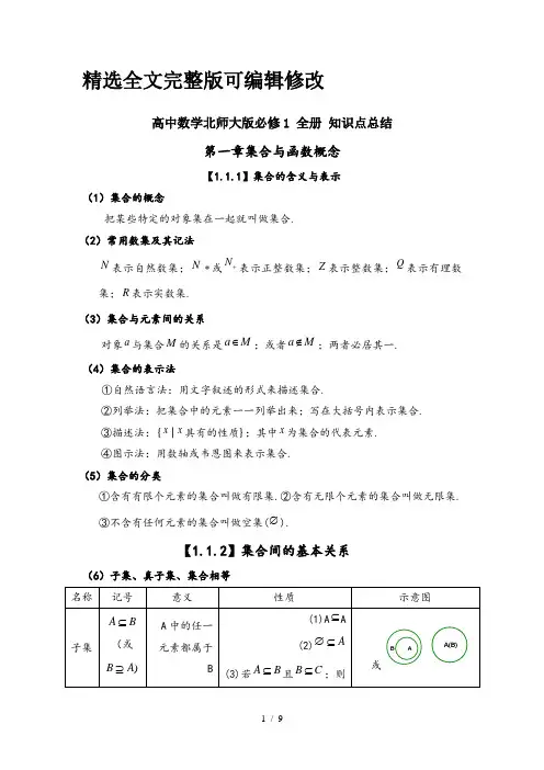 高中数学北师大版必修1-全册-知识点总结全文编辑修改