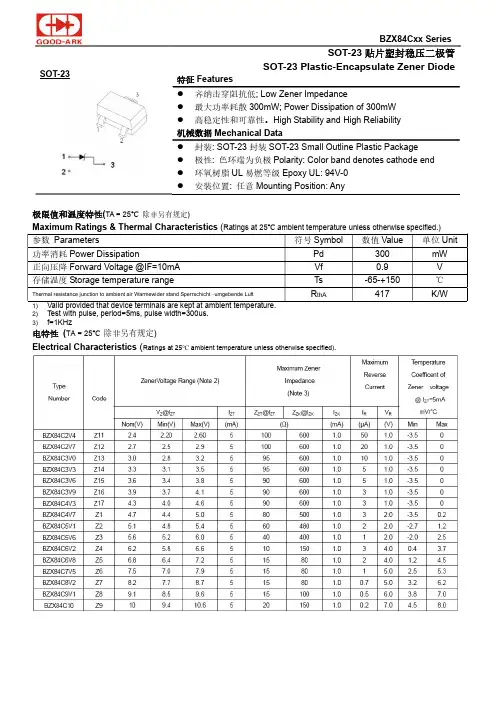 SOT-23型号的塑封稳压二极管说明书