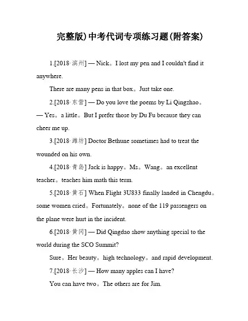 完整版)中考代词专项练习题(附答案)
