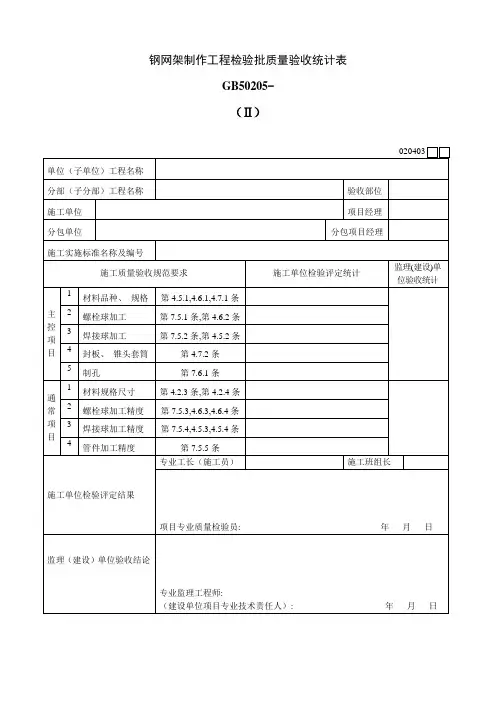 钢网架制作工程检验批质量验收记录表