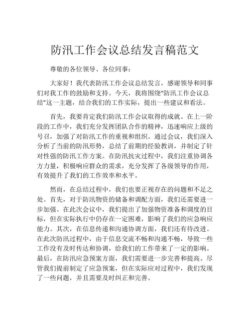 防汛工作会议总结发言稿范文