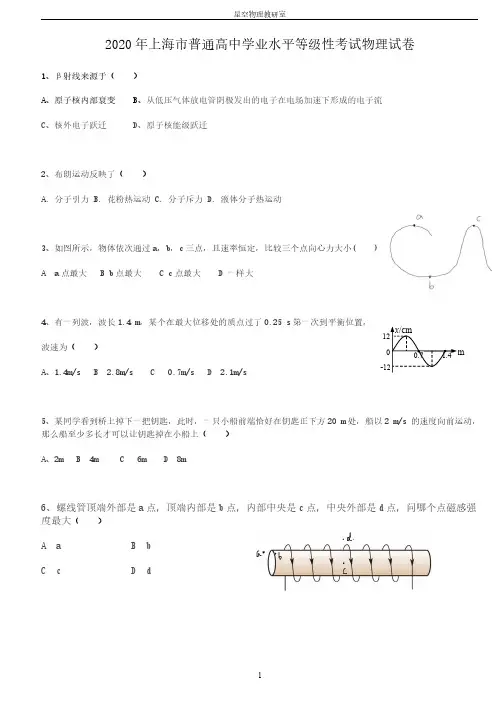 2020年上海市普通高中学业水平等级性考试(高考)物理试卷
