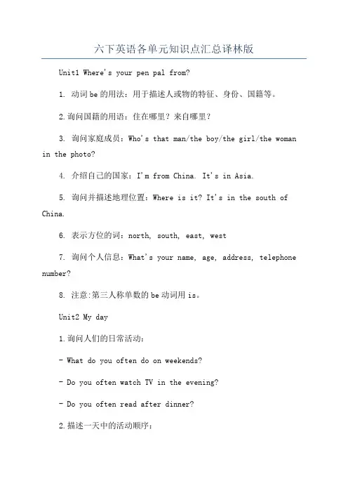 六下英语各单元知识点汇总译林版
