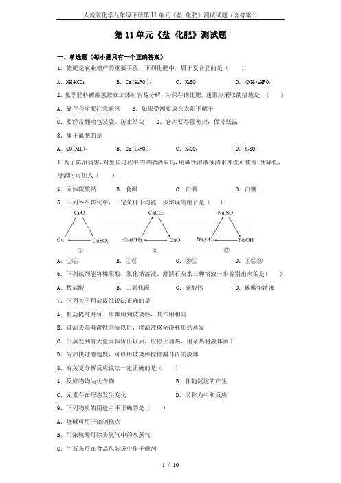 人教版化学九年级下册第11单元《盐 化肥》测试试题(含答案)