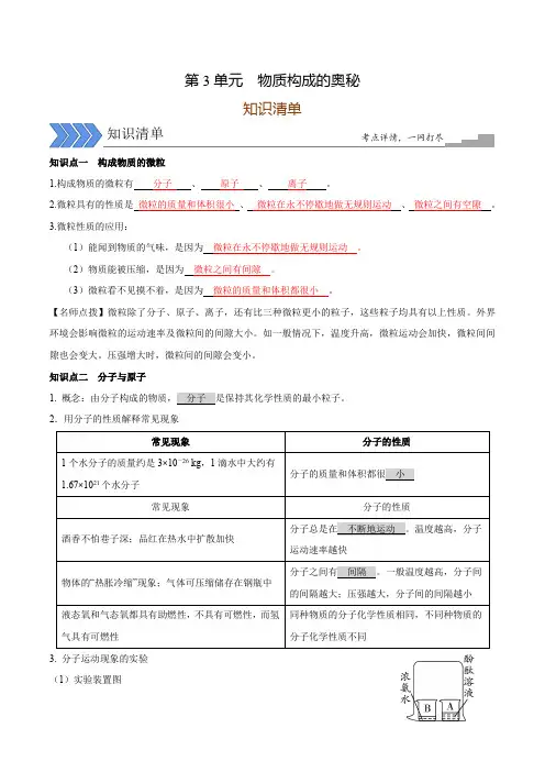 第3单元 物质构成的奥秘(知识清单)-备战2022年中考化学单元复习知识清单与效果检测(沪教版)