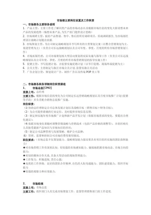 市场部主要岗位设置及工作职责
