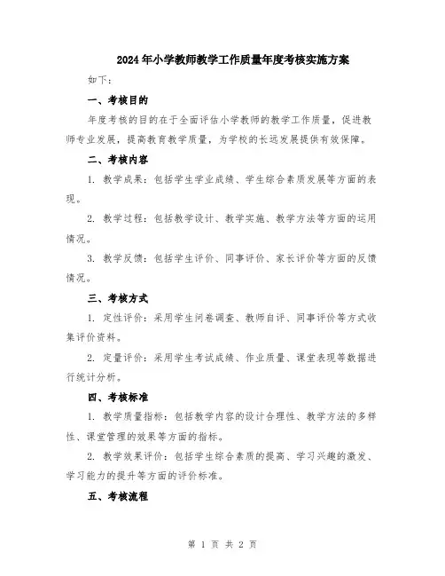 2024年小学教师教学工作质量年度考核实施方案