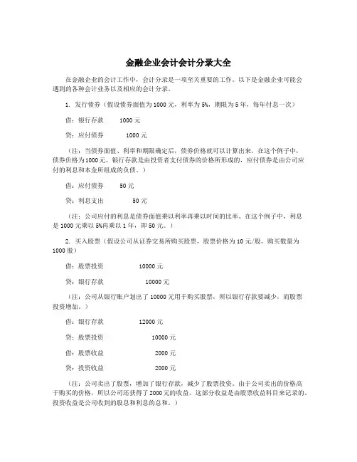 金融企业会计会计分录大全