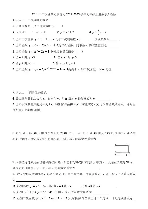 二次函数同步练习(2024年版)九年级上册数学人教版