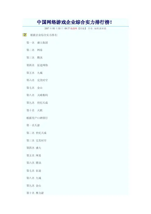 中国网络游戏企业综合实力排行榜