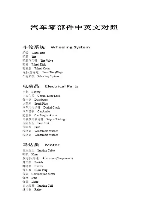 汽车零部件中英文对照