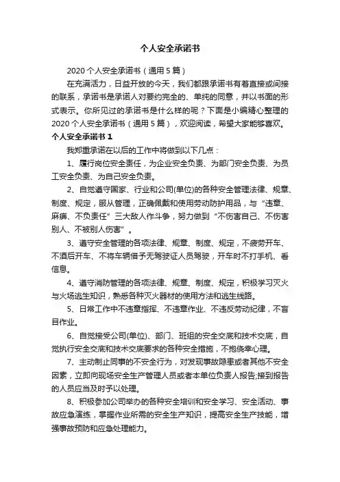 2020个人安全承诺书（通用5篇）