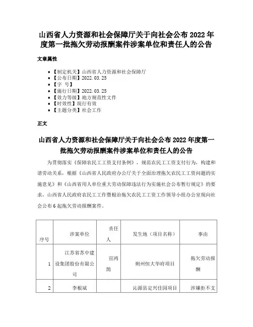 山西省人力资源和社会保障厅关于向社会公布2022年度第一批拖欠劳动报酬案件涉案单位和责任人的公告