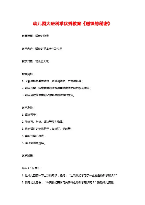 幼儿园大班科学优秀教案《磁铁的秘密》