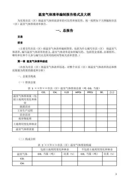 温室气体清单编制报告格式及大纲