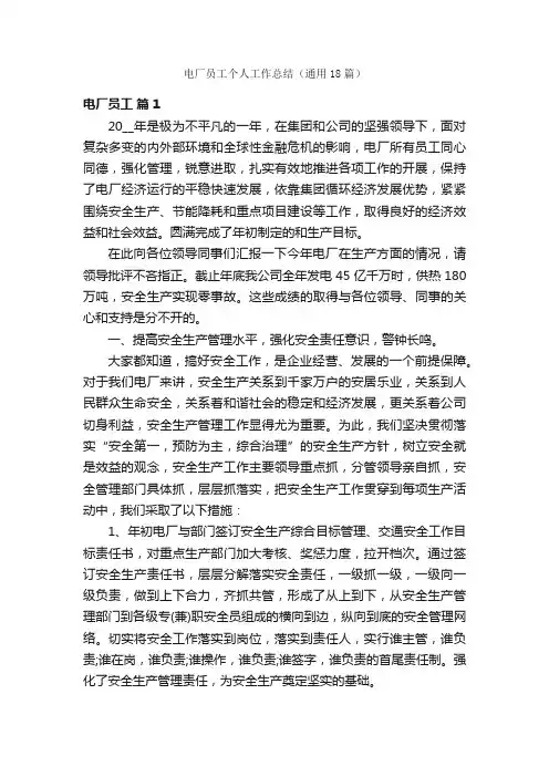 电厂员工个人工作总结（通用18篇）