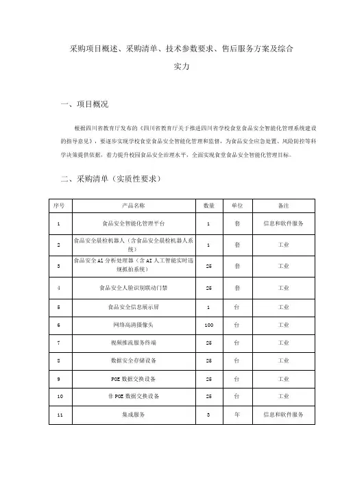 采购项目概述、采购清单、技术参数要求、售后服务方案及综合实力