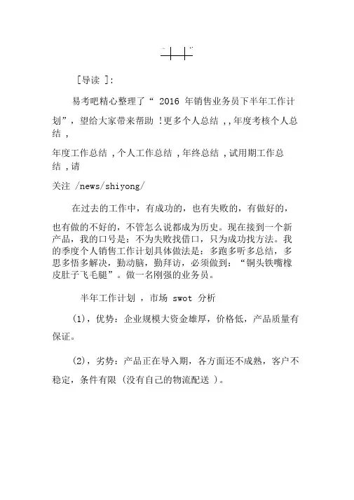 2016年销售业务员下半年工作计划