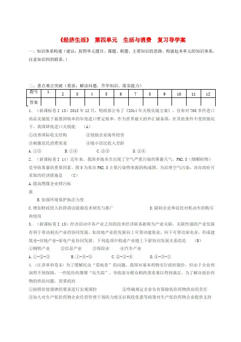 高中政治《经济生活》第四单元 生活与消费复习学案 新人教版必修1-新人教版高一必修1政治学案