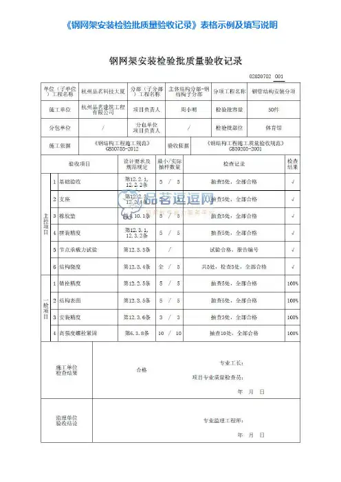2《钢网架安装检验批质量验收记录》表格示例及填写说明