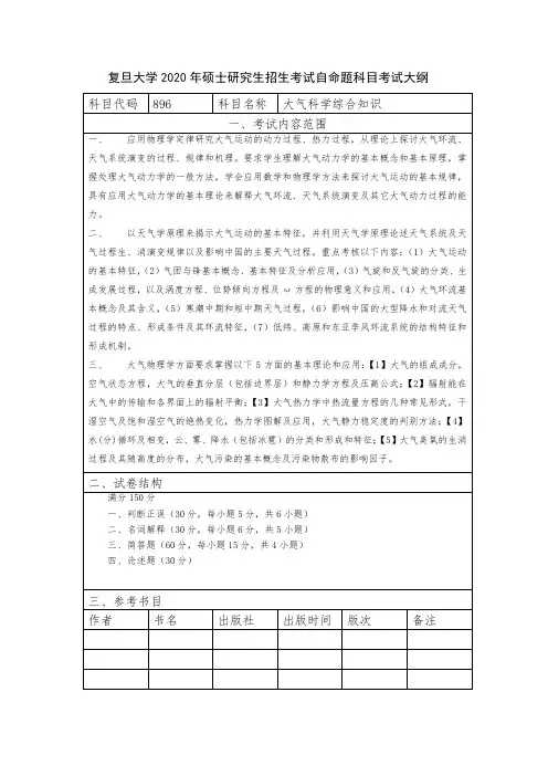 复旦大学2020年硕士研究生招生考试自命题科目考试大纲