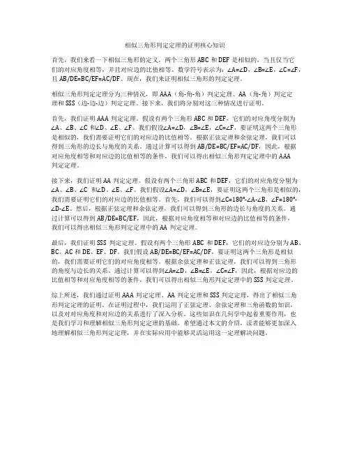 相似三角形判定定理的证明核心知识