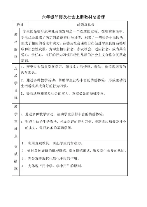 鲁教版六年级上册品德与社会教案