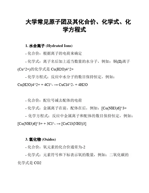 大学常见原子团及其化合价、化学式、化学方程式