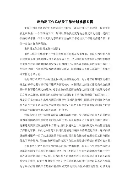 出纳周工作总结及工作计划推荐5篇