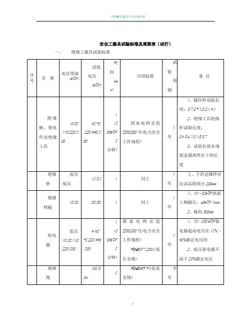 安全工器具试验标准及周期表