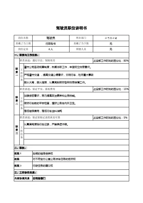 公司办公室司机岗位说明书