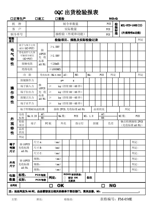 OQC出货检验报表