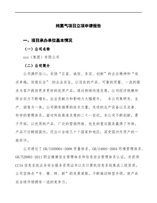 纯氮气项目立项申请报告(参考模板)