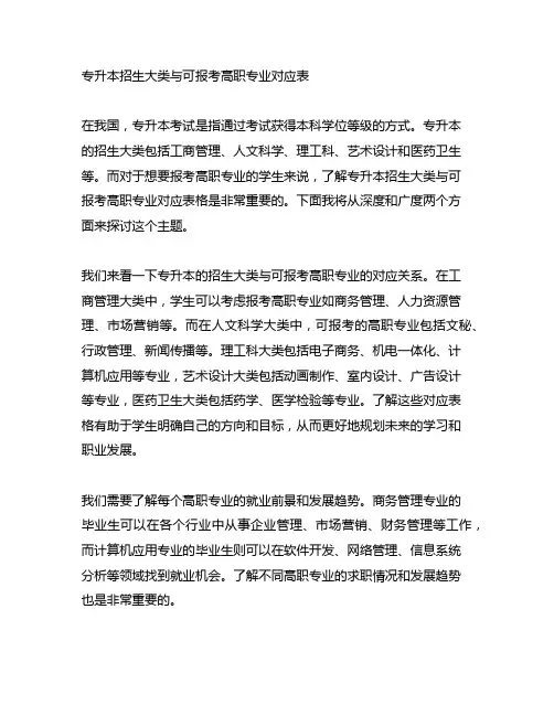 专升本招生大类与可报考高职专业对应表