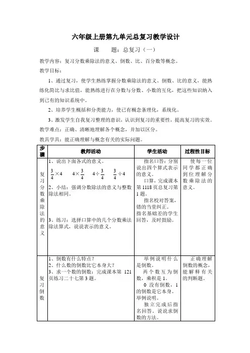 人教版小学数学六年级上册《总复习教案》教案