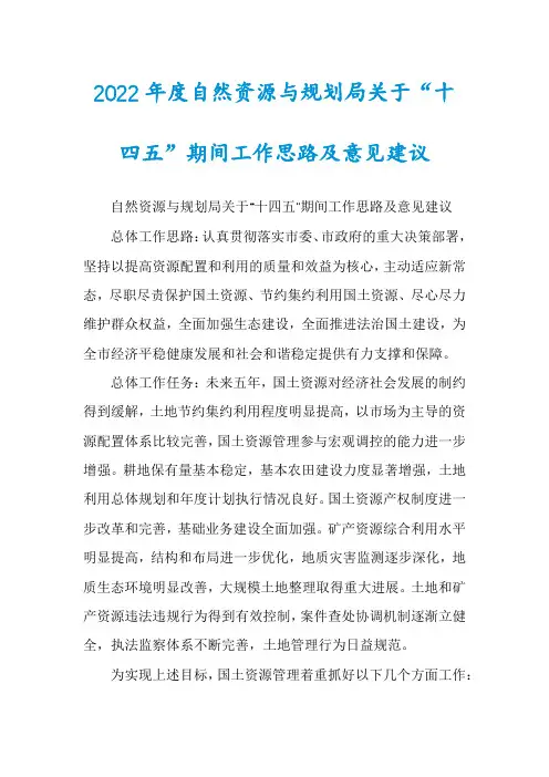 2022年度自然资源与规划局关于“十四五”期间工作思路及意见建议