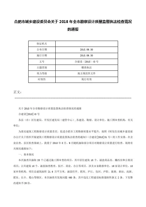 合肥市城乡建设委员会关于2018年全市勘察设计质量监督执法检查情况的通报-合建设〔2018〕43号