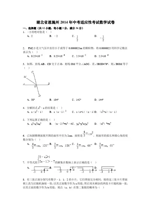 湖北省恩施州2014年中考适应性考试数学试卷及答案