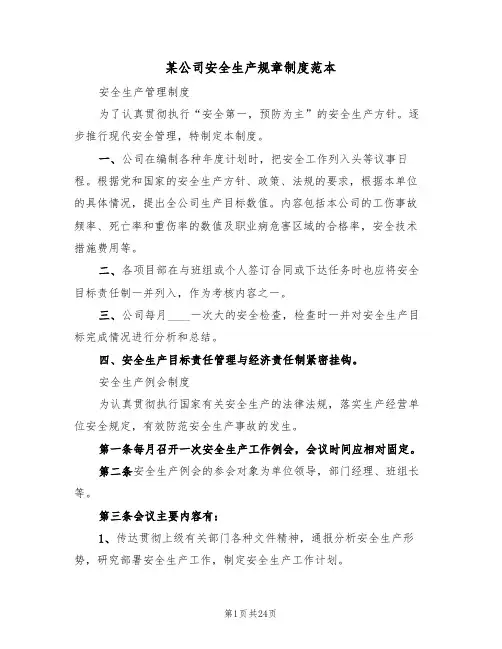 某公司安全生产规章制度范本(5篇)