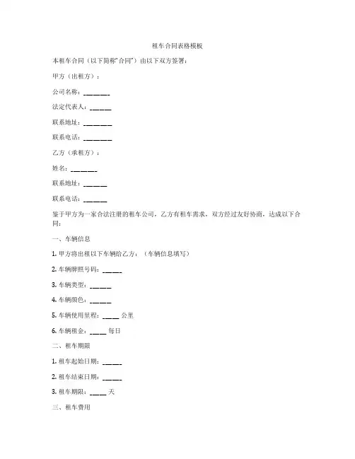 租车合同表格模板