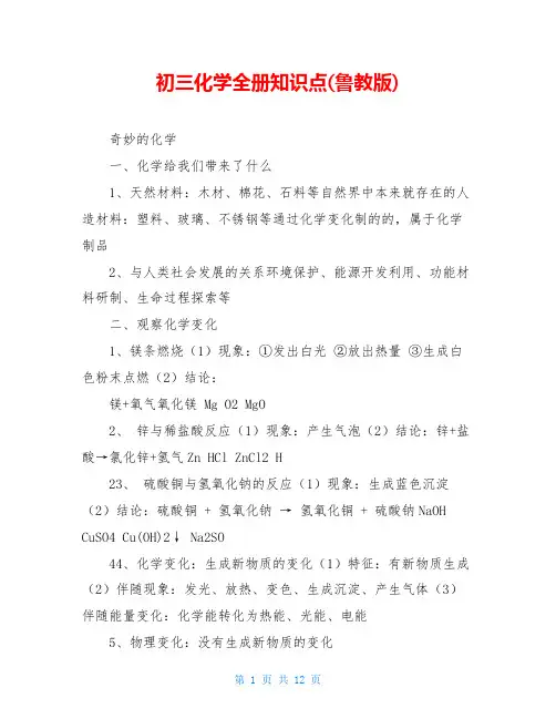 初三化学全册知识点(鲁教版)