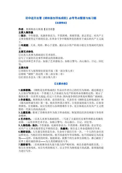 初中语文名著《钢铁是怎样炼成的》必考考点整理与练习题