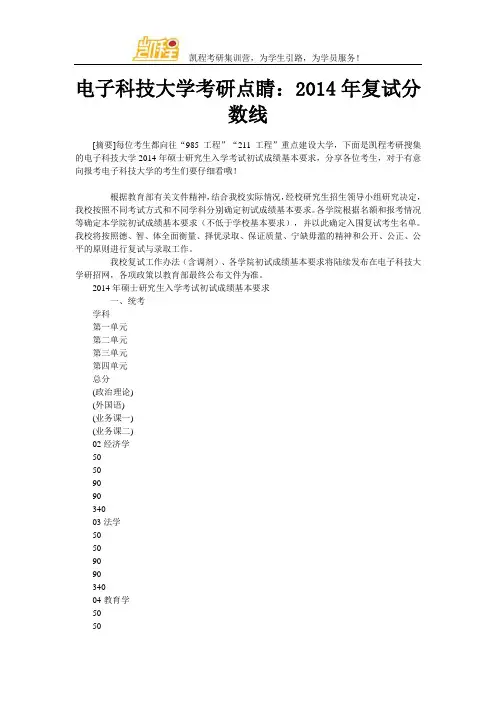 电子科技大学考研点睛：2014年复试分数线