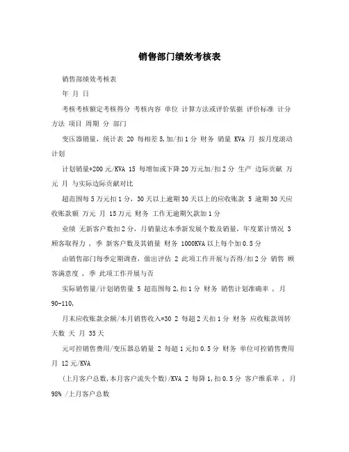 销售部门绩效考核表
